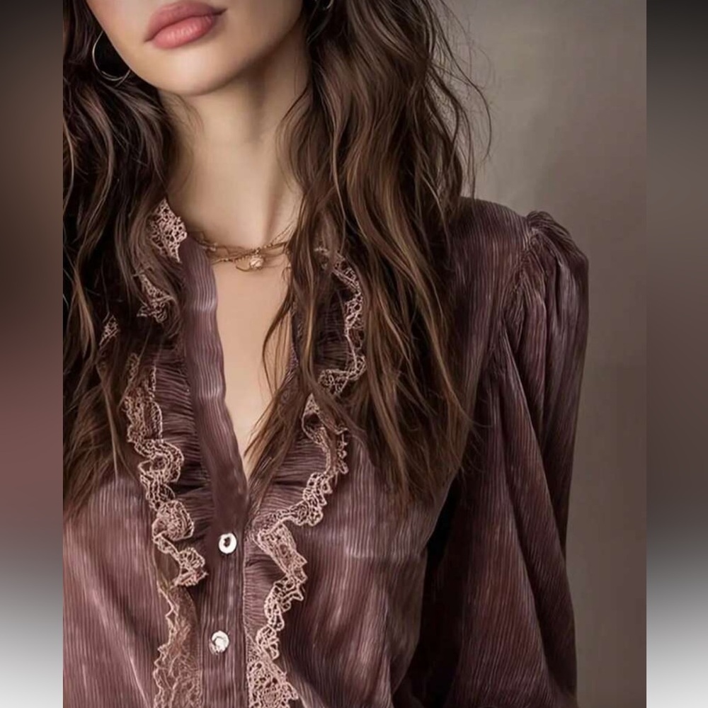 Luxe pink velvet lace ruffle detail blouse - Picture 3 of 10